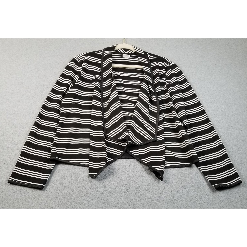 Dressbarn Cardigan Womens Large Black White Striped Open Front Waterfall Sweater
